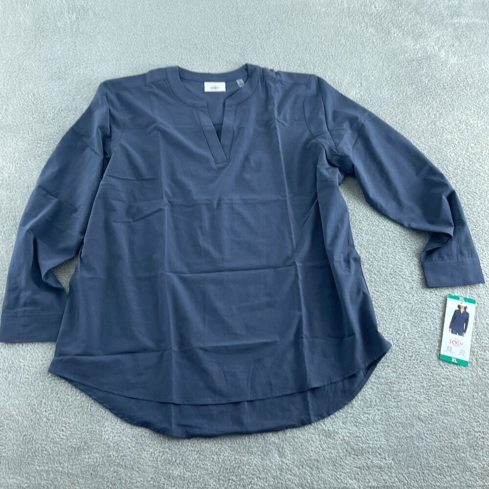 REV Womens Navy V-Neck Long Sleeve Tunic Top XL 4-Way Stretch Easy Care NWT 3762